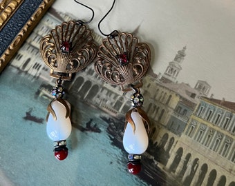 Vintage Gothic Relic Earrings,  Patina Brass Shell Setting, White Opal Teardrop, Blood Red Glass, Matte Black, Womens Earrings, Gift for Her