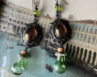 Vintage Gothic Relic Earrings, Patina, Peridot Green Glass Amulet, crackle glass, Old World, Matte Black, Womens Earrings, Gift for Her