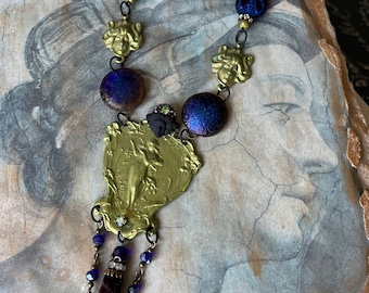 Absinthe Art Nouveau Goddess Necklace, Absinthe Connectors, Bees, Volcanic Violet Blue, Women’s Accessories, Women's Necklace, Gifts for Her