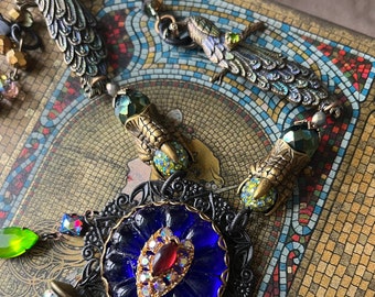 Art Nouveau Peacock Assemblage Necklace, Vintage Cobalt Glass Cabochon, Czech Bead Chain, Jewel toned AB, Patina, Women’s Necklaces, Gift