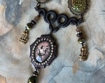 Vintage Art Deco Snake Charmer Cameo Statement Necklace, Cobra, Snake, Matte Black, Egyptian Revival Women’s Accessories, Women’s Necklaces
