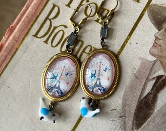 French Art Nouveau Eiffel Tower Cameo Earrings, vintage Bluebird's, 1939 Worlds, Women’s Accessories, Women's Earrings, Gifts for Her