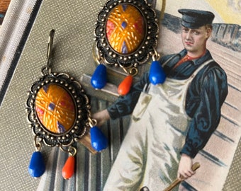 Avant Garde Mosaic Cabochon Chandelier Earrings, Antiqued Brass Filagree Setting, Mustard Yellow, Orange, Cobalt Blue, Women's Earrings