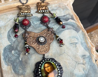 Mona Lisa Bib Necklace, Ornate Vintage Carved French Stamping, Florence, Lions, DaVinci, Women’s Accessories, Women's Necklace, Gift for Her