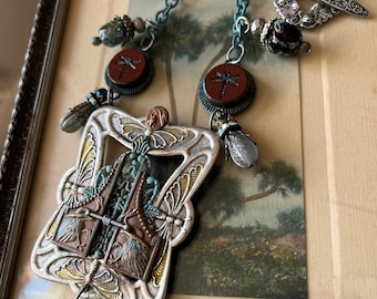 Blue Heron Assemblage Necklace, Story Necklace, Art Nouveau Frame, Verdigris Patina, Women's Necklace, Women's Accessories, Gifts for Her
