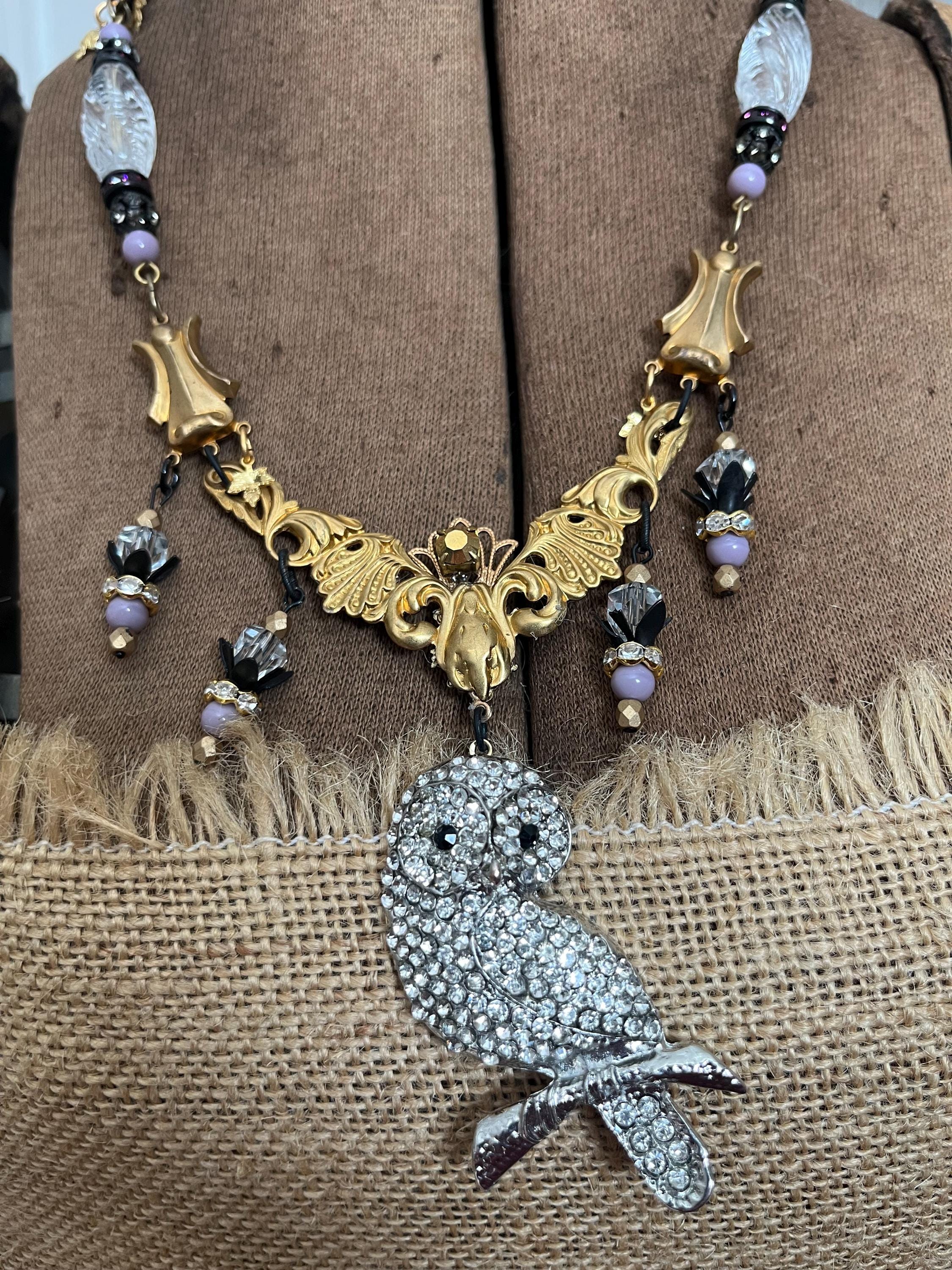 Vintage Rhinestone Owl Bib Necklace: Vintage Swarovski Crystals, Ornate Spacers, Matte Black