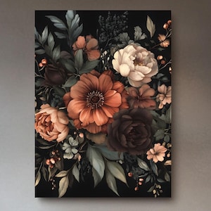 Dark Floral Canvas Art: Vintage Botanical Cottagecore Wall Hanging