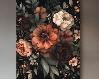 Arte em tela floral escura: tapeçaria de parede vintage botânica cottagecore
