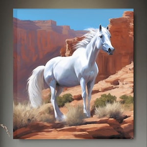 Farmhouse Decor Horse Print White Horse Canvas Wall Art  Original Painting Modern Wall Art Horse Portrait Animal Extra Large Wall Art