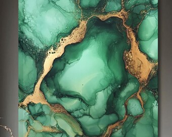 Emerald Green Gold Marble Canvas Print: Modern Abstract Alcohol Ink Wall Art