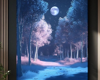 Moonlit Forest Canvas: Ethereal Night Landscape Wall Art