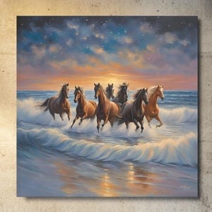 Wild Horses Canvas Art: Ocean Waves, Coastal Farmhouse Print