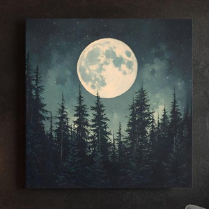 Moody Full Moon Art Print, Dark Moonlit Forest, Vintage Moonlight Canvas Print,