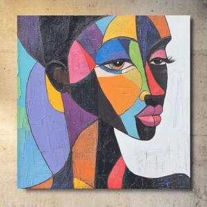Cubist African Woman Canvas Art: Bold Multicolor Portrait