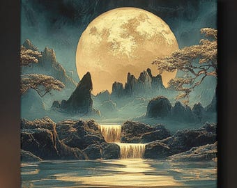Puede incluir: Una pintura digital de un paisaje iluminado por la luna con una cascada que desemboca en un lago. La luna es de un amarillo brillante y las montañas son de color verde oscuro y marrón. El agua es de un azul profundo.