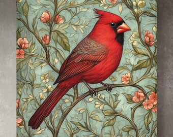 Red Cardinal Canvas Art: William Morris Inspired Vintage Wall Decor
