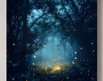 Canvaskunst Fireflies Forest: print mystiek betoverd bos