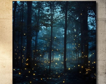 Canvaskunst Firefly Forest: print mystiek betoverd bos