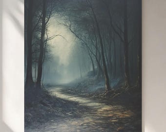 Misty Forest Canvas Art: Dark Moody Woodland Landscape Print