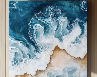 Blue Stormy Sea Waves Art: Aqua Watercolor Ocean Canvas Print
