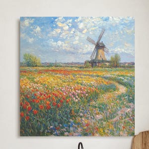 Tulpen Feld in Argenteuil Leinwand Wand Kunst - Claude Monet Stil Impressionistische Blumenlandschaft, Frühlingsdekor auf einem französischen Land
