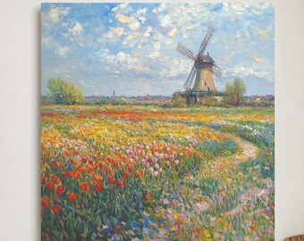 Monet Tulips Field Canvas Art: Impressionist French Countryside Decor