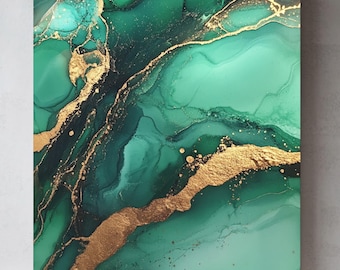 Emerald Green and Gold Abstract Canvas Print: Luxury Marble Wall Art