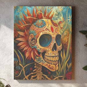 Colorful Mexican Skull Art Print – Day of the Dead Canvas Wall Decor, Frida Inspired Boho Skeleton Painting, Dia de los Muertos