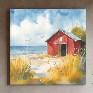 May include: A watercolor painting of a red wooden beach house with a single door and a window. The house is surrounded by tall grass and is set against a blue sky with white clouds. The ocean is visible in the background.