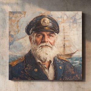 Nautical Old Sea Captain Portrait Canvas Wall Art – Vintage Maritime Coastal Decor for Beach House or Ocean Lover’s Room