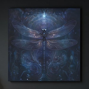 Moody Iridescent Colorful Dragonfly Canvas Wall Art, Whimsical Dragonfly Gift, Fantasy Wall Art Decor, Botanical Decor, Above Bed Art