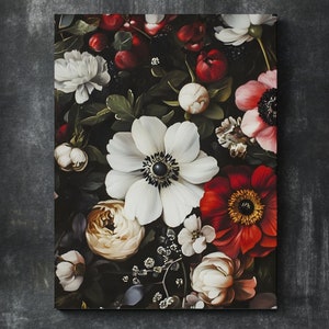 Dark Cottagecore Floral Canvas Wall Art – Vintage Botanical Print, Moody Nature-Inspired Decor, Rustic Garden Wall Hanging