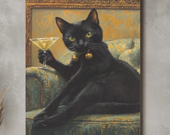 Black Cat Martini Canvas Print: Quirky Bar Wall Art