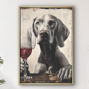 Hond aan de bar geïnkt schets stijl muurkunst - Weimarse staande hond canvaskunst, barwagen kunst, alcohol decor, zwart-wit huis, cadeau voor hondenliefhebber