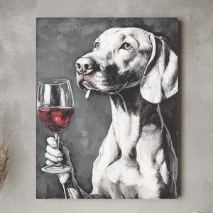 Weimarse staande hond met rode wijn kunst aan de muur, zwart-wit print, hond cadeau, alcohol print, poster grappige hond, barwagen print, hond cadeau, alcohol print