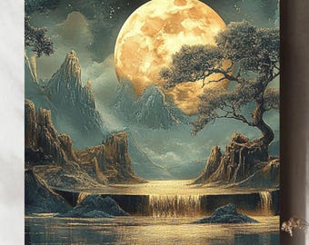 Puede incluir: Una pintura digital de un paisaje iluminado por la luna con una gran luna amarilla en el cielo. La luna está detrás de un árbol con hojas verde oscuro. Hay montañas en el fondo y una cascada que desemboca en un lago en primer plano.