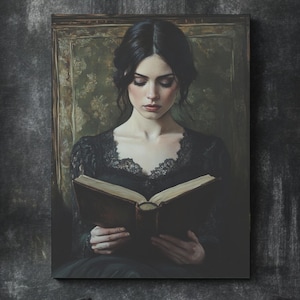 Moody Victorian Woman Reading Canvas Wall Art – Dark Academia Literary Portrait, Vintage Book Lover Painting, Gothic Romantic Home Decor