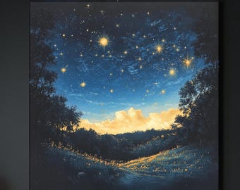 Starry Night Sky Canvas Art: Celestial Mountain Painting