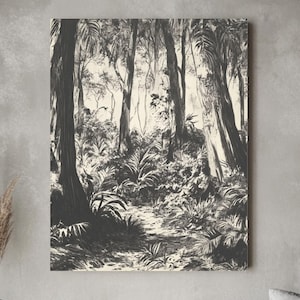 Jungle Monochrome Canvas, Jungle Antique Drawing, Vintage Forest Woodland Landscape Artwork Minimalist Modern Nature Farmhouse Wall Decor