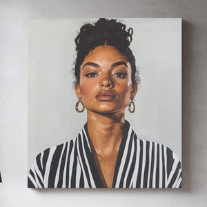 Bold Black Woman Portrait Canvas | Minimalist Afro Art in Striped Outfit | Modern Feminine Wall Art Print for Living Room or Office