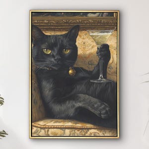 汚れたマティーニを持つ黒猫のキャンバスウォールアート - 面白いカクテルバーの装飾、ラウンジキャットアートワーク、ホームバーやキッチン用の気まぐれなペットプリント