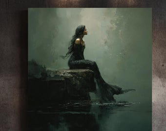 Póster de arte de sirena oscura: Sirena gótica en un mar tempestuoso