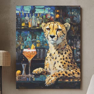 カクテルを飲むチーターのウォールアートプリント、バーカートプリント、サファリ動物のホームデコレーション、寝室の壁プリント、新築祝いのギフト、折衷的な装飾