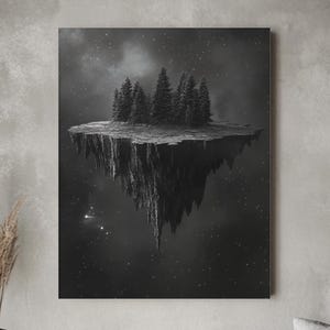 Surreal Floating Island Canvas: Monochromatic Dreamscape Wall Art