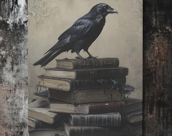 Viktorianisches Raben-Leinwandbild: Gotischer schwarzer Vogel auf Büchern, Dark-Academia-Dekor