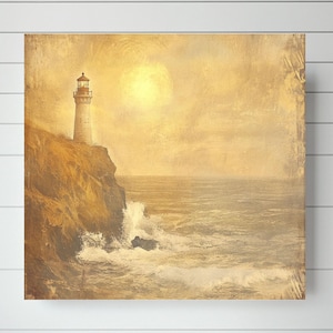 Vintage Lighthouse Canvas Print, Ocean Seascape Nautical Landscape Sea Oil Painting Art, Golden-Hued Seascape Decor, Ocean Cliff Wall Art