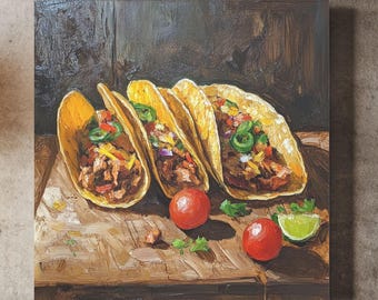 Rustic Taco Still Life Painting: Framed Mexican Kitchen Wall Art