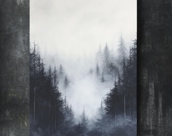 Misty Forest Canvas Art: Black and White Foggy Landscape