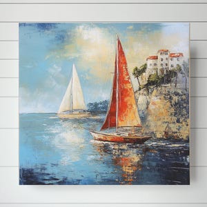 Ocean Oil Painting Print Coastal Wall Art - Rustic Nautical Canvas Art, Beach House Decor, Large Framed Canvas Sea Artwork