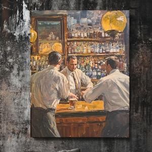 Vintage Bar Scene Canvas Art: Retro Cocktail Lounge Oil Painting